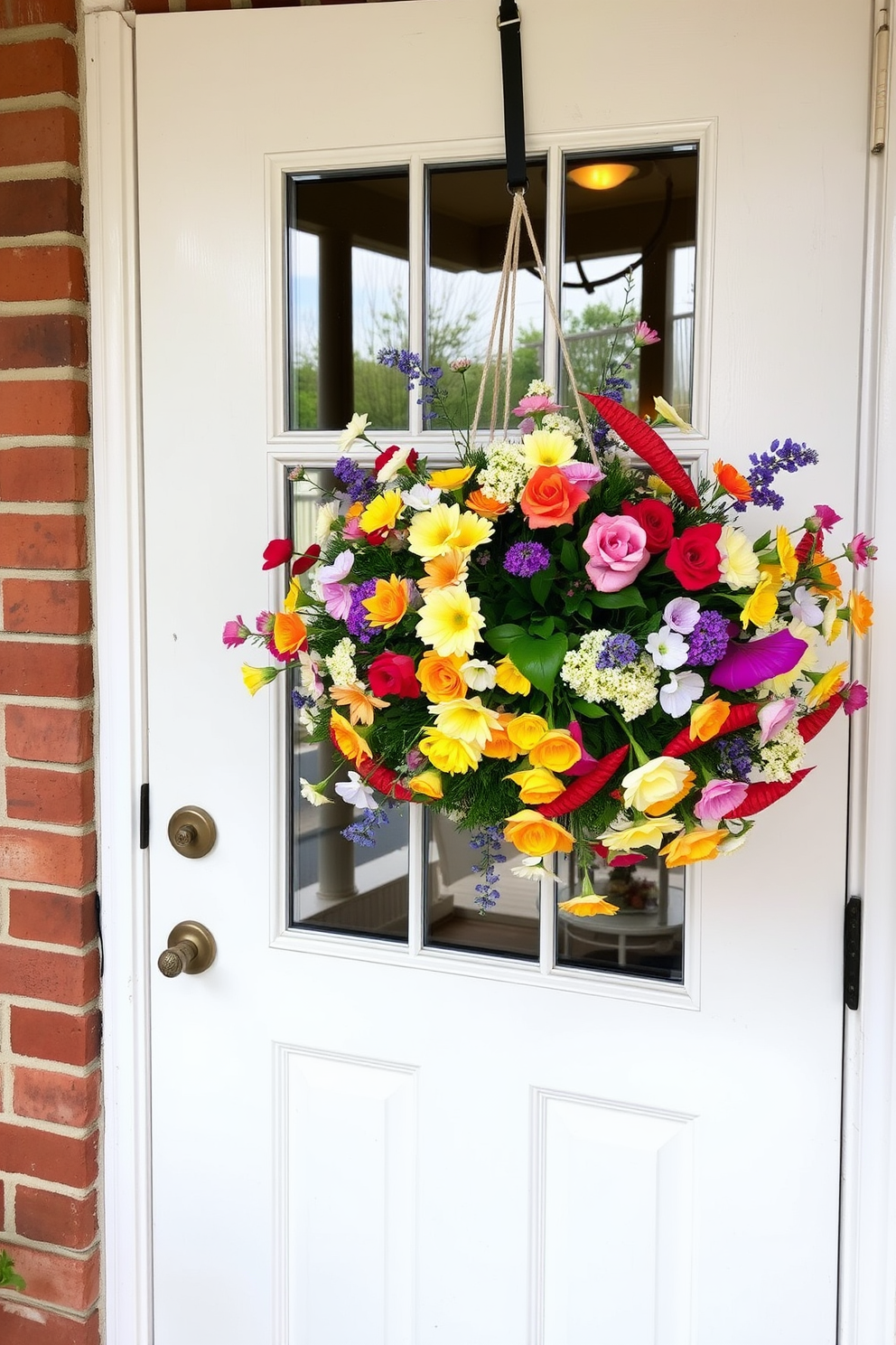 A charming front door adorned with a hanging floral arrangement that captures the essence of spring. The vibrant colors of the flowers create a welcoming atmosphere, inviting guests to step inside.