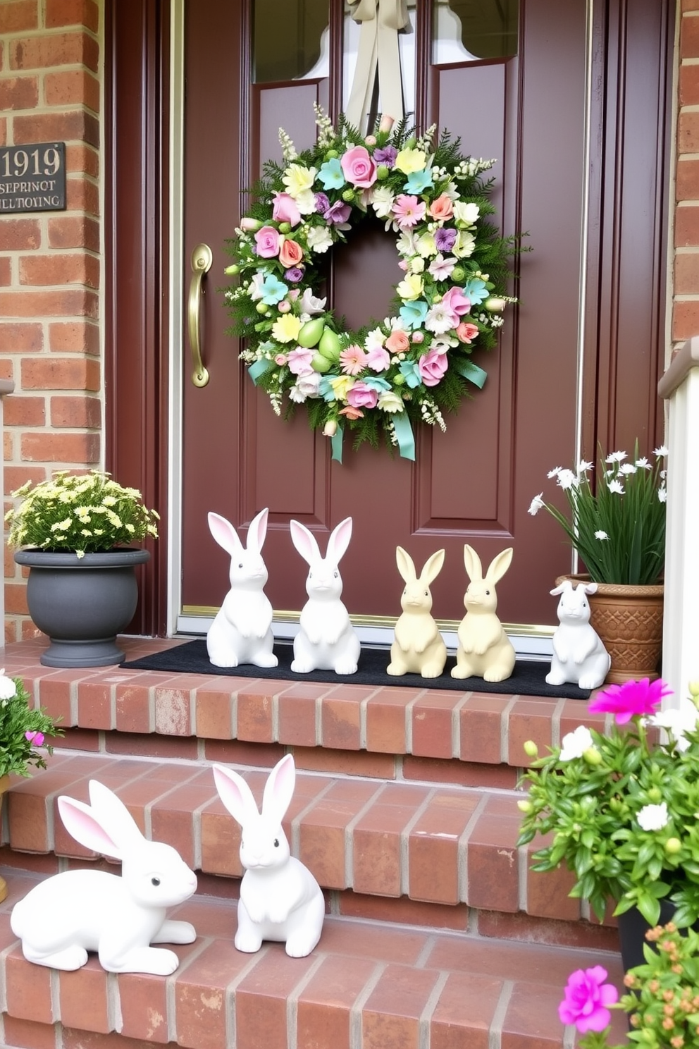 Cute rabbit figurines are arranged on the porch steps creating a whimsical and inviting atmosphere. The front door is adorned with a vibrant spring wreath featuring pastel colors and floral accents, enhancing the festive Easter theme.