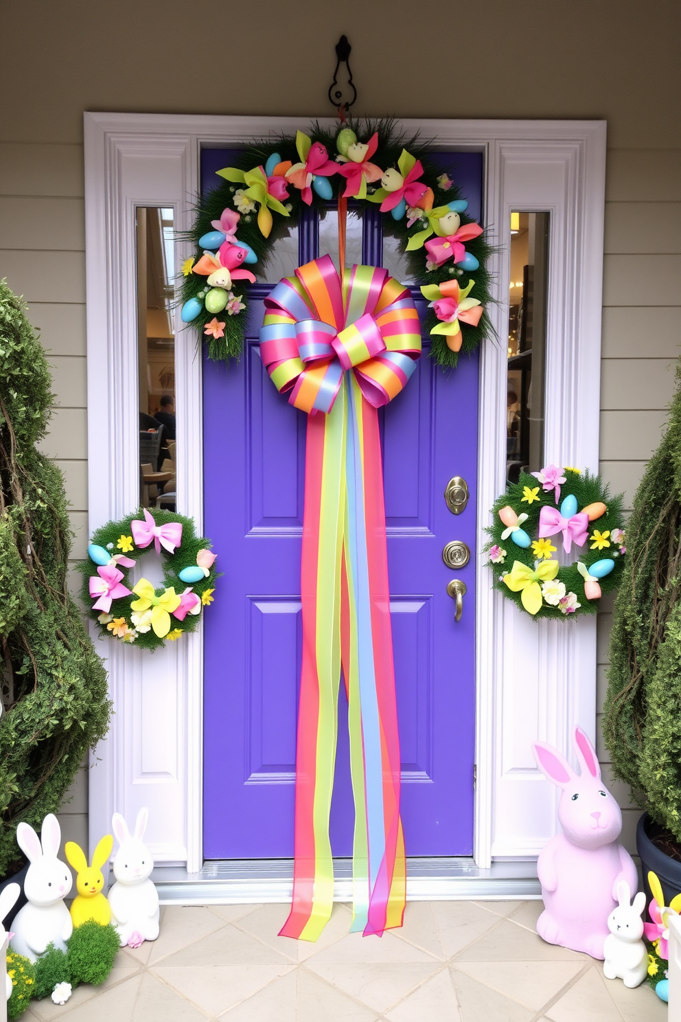 A vibrant front door adorned with a colorful ribbon that cascades down elegantly. Surrounding the door are cheerful Easter decorations, including pastel-colored wreaths and playful bunnies.