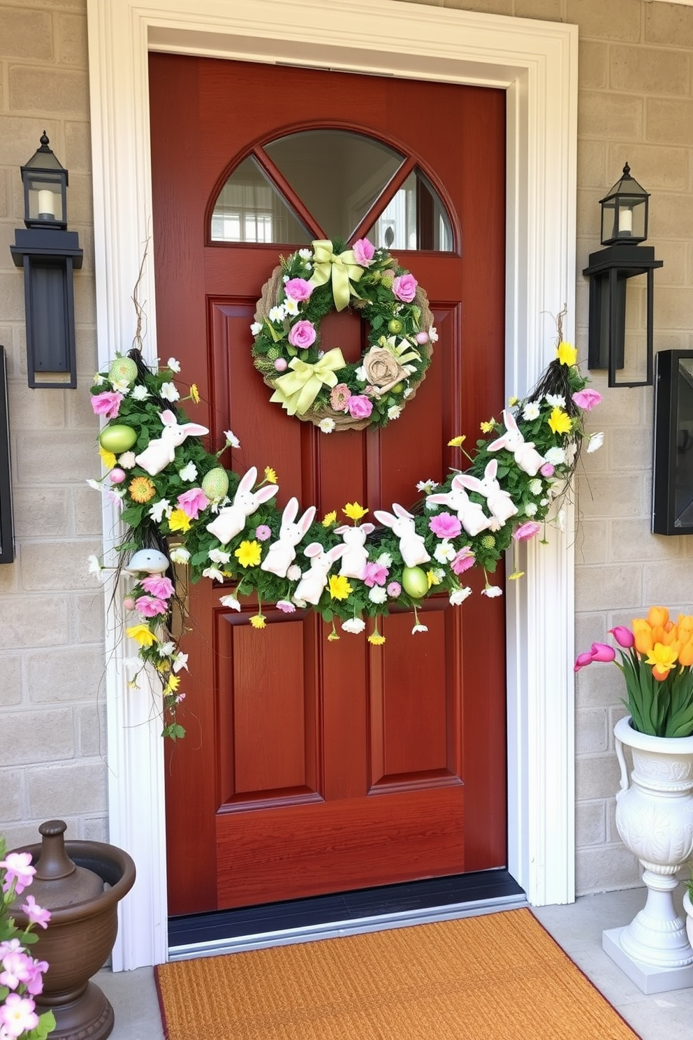 A charming entrance adorned with a whimsical bunny garland draped elegantly across the front door. The garland features pastel-colored bunnies and vibrant spring flowers, creating a festive and inviting atmosphere for Easter celebrations.