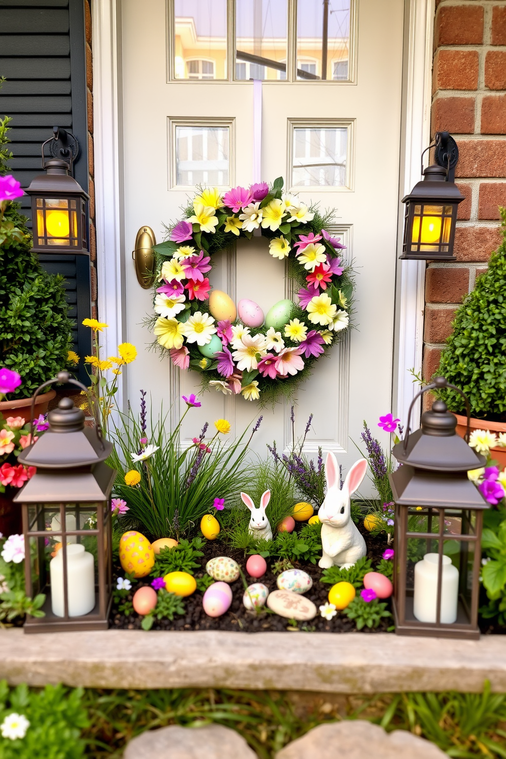 A charming miniature garden filled with vibrant Easter elements. Colorful eggs are nestled among the lush greenery, and tiny bunnies peek out from behind the flowers. The front door is adorned with a festive Easter wreath made of pastel-colored blooms and decorative eggs. A pair of cheerful lanterns flank the entrance, welcoming guests with a warm and inviting glow.