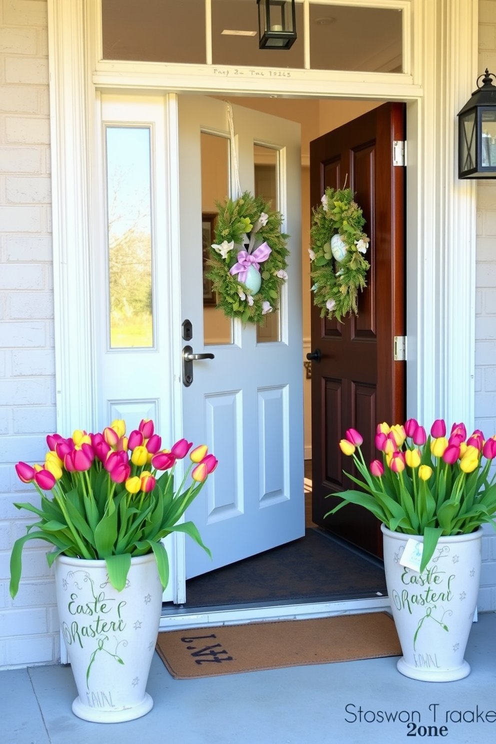 A charming front door adorned with seasonal Easter decorations. On either side of the entrance, vibrant potted tulips in full bloom add a welcoming touch and a burst of color.