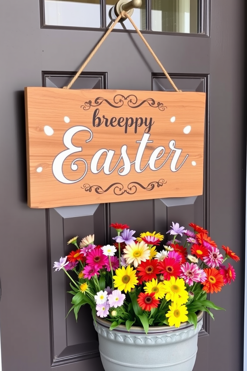 A decorative wooden sign hangs on the front door, featuring cheerful Easter greetings in elegant script. Surrounding the sign, fresh spring flowers in vibrant colors are arranged in a charming planter, welcoming guests with seasonal warmth.