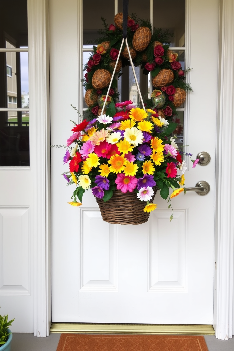 A charming front door adorned with a hanging basket filled with vibrant faux flowers. The basket features an array of colorful blooms, creating a welcoming and festive atmosphere for Easter.