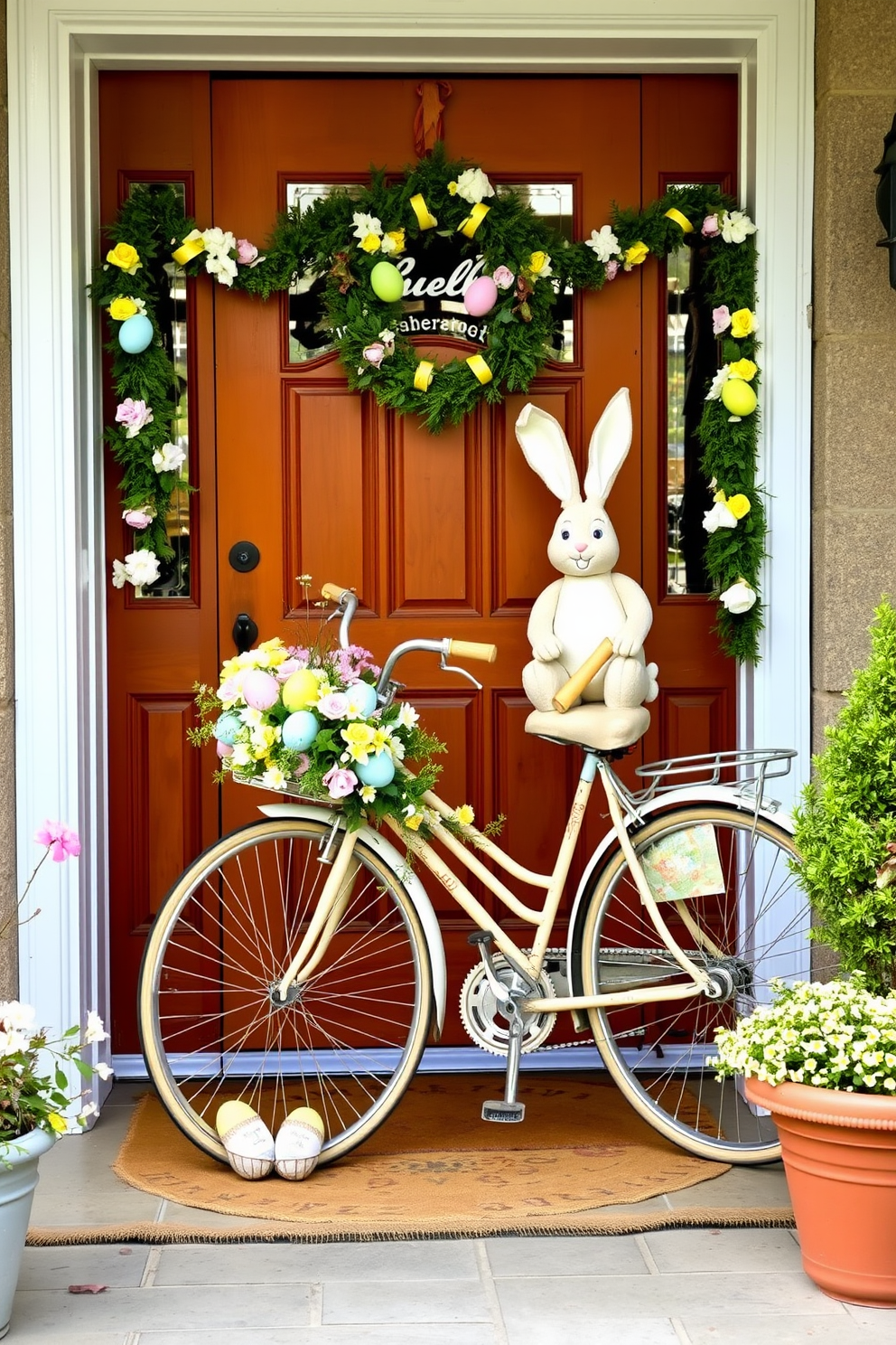 A charming front door setting featuring a vintage bicycle adorned with colorful Easter decorations. The bicycle is leaning against the door, decorated with pastel-colored eggs, floral garlands, and a cheerful bunny figure.