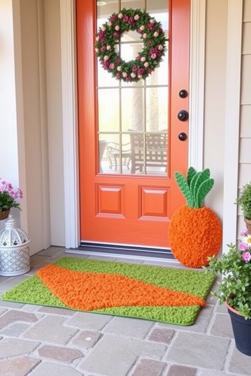 A charming carrot-themed door mat welcomes guests at the front door. The mat features vibrant orange and green colors, adding a festive touch to Easter decorating ideas.