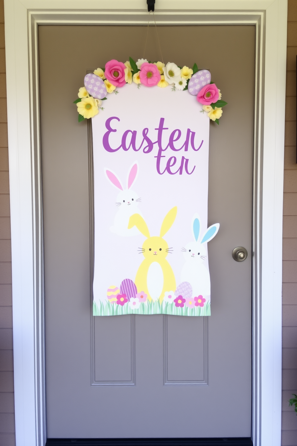 A whimsical door banner designed for Easter featuring playful bunnies in pastel colors. The banner is adorned with cheerful floral accents and hangs gracefully above a welcoming front door, inviting guests to celebrate the holiday spirit.