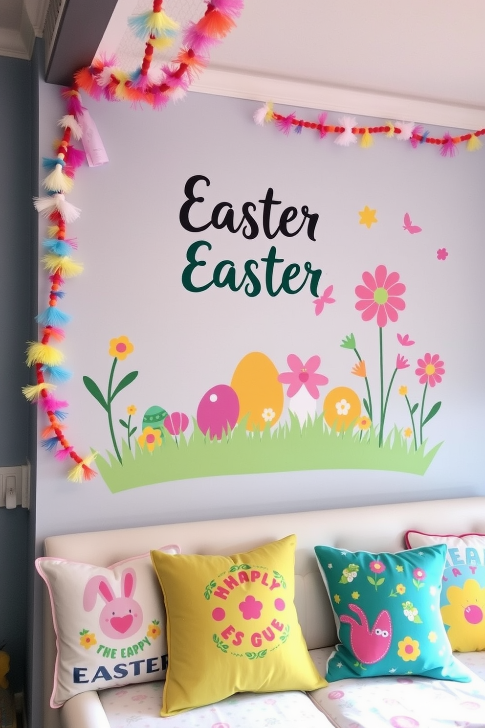 Easter themed wall art displays vibrant colors and playful designs that bring a festive spirit to the game room. The artwork features bunnies, eggs, and spring flowers, creating a cheerful and inviting atmosphere. Decorative elements include colorful garlands and themed cushions that enhance the Easter ambiance. The game room is filled with fun activities, making it a perfect space for family gatherings during the holiday.