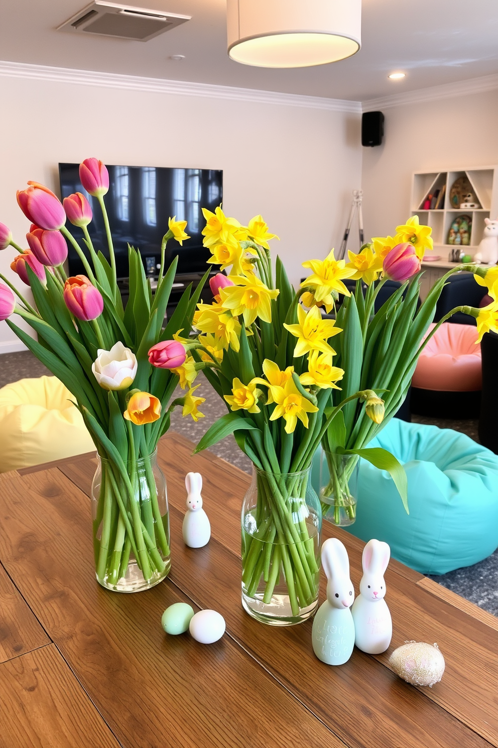 Spring flower arrangements in vases filled with vibrant tulips and daffodils create a cheerful atmosphere. The vases are placed on a rustic wooden table, surrounded by soft pastel decorations. The game room features a cozy seating area with plush bean bags and a large screen for entertainment. Easter decorations like colorful eggs and bunny figurines add a festive touch to the playful environment.