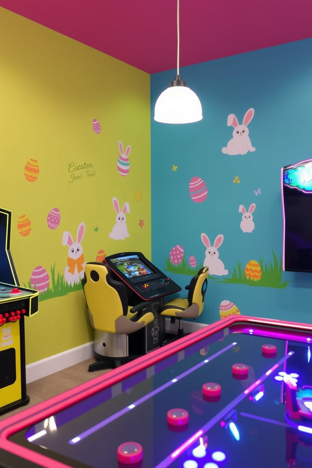 Easter themed wall decals featuring colorful eggs and playful bunnies adorn the walls of a vibrant game room. The decals create a festive atmosphere, enhancing the space with cheerful designs while complementing the gaming setup.