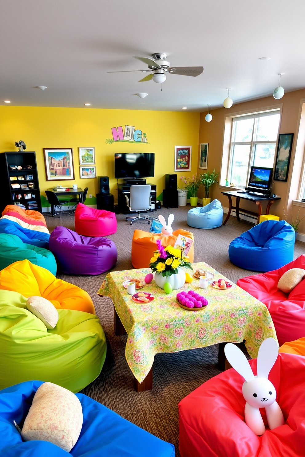 Colorful bean bag chairs are scattered around a spacious game room, providing a fun and relaxed seating option for guests. The walls are adorned with vibrant artwork, and a large gaming console is set up in one corner, inviting everyone to join in on the fun. Easter decorations are tastefully arranged throughout the game room, featuring pastel-colored eggs and cheerful bunnies. A festive table is set up for snacks, adorned with a spring-themed tablecloth and centerpieces made of fresh flowers.