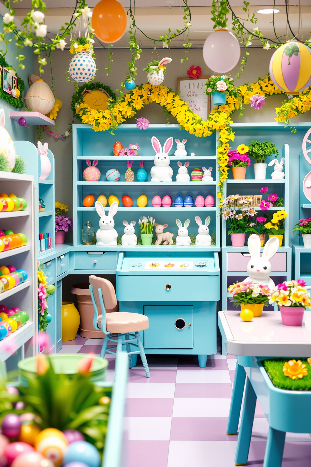 A vibrant game room filled with festive Easter decorations. Colorful eggs are hidden in various corners, while cheerful bunnies and spring flowers adorn the shelves and tables.