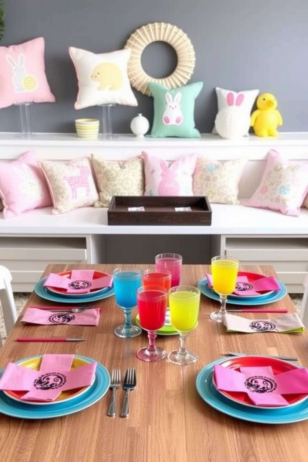 Festive tableware for game nights. The table is set with vibrant plates and colorful napkins, accompanied by playful drinkware that reflects the fun atmosphere of game night. Game Room Easter Decorating Ideas. The space is adorned with cheerful Easter-themed decorations, including pastel-colored accents and themed cushions that invite relaxation and enjoyment.