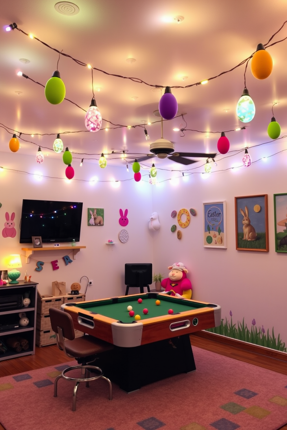 Create a vibrant game room filled with Easter themed string lights that provide a warm and inviting ambiance. The walls are adorned with playful Easter decorations and colorful artwork, enhancing the festive atmosphere.