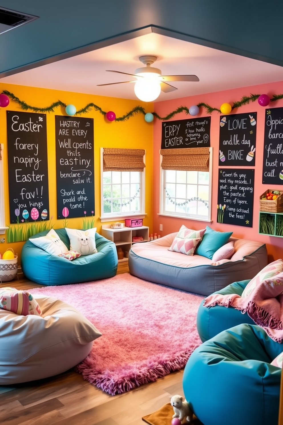 A vibrant game room filled with colorful decorations for Easter. The walls are adorned with playful chalkboards featuring cheerful Easter messages and drawings of bunnies and eggs. A cozy seating area is arranged with bean bags and a large rug in pastel colors. Easter-themed cushions and blankets add a festive touch, creating an inviting atmosphere for family and friends.