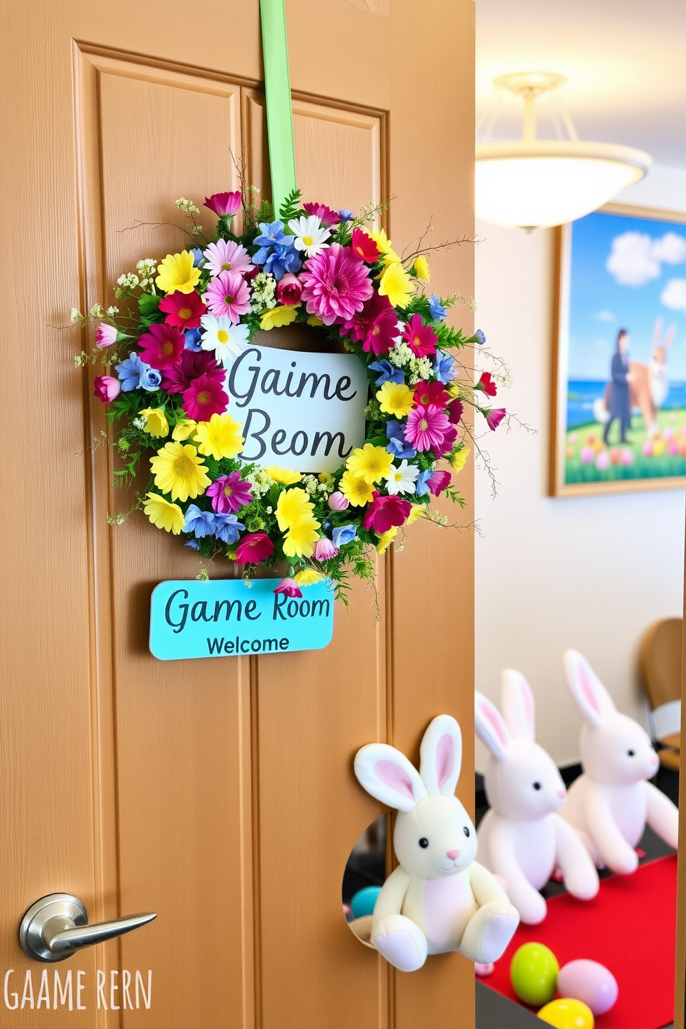 A vibrant seasonal wreath adorns the game room door, featuring a mix of colorful flowers and greenery that capture the essence of spring. The wreath is complemented by a playful welcome sign that invites guests into a cheerful and festive space. Inside the game room, Easter decorations bring a touch of whimsy with pastel-colored eggs scattered around the gaming area. Plush bunnies and cheerful spring-themed artwork add a festive charm, creating a lively atmosphere perfect for gatherings.