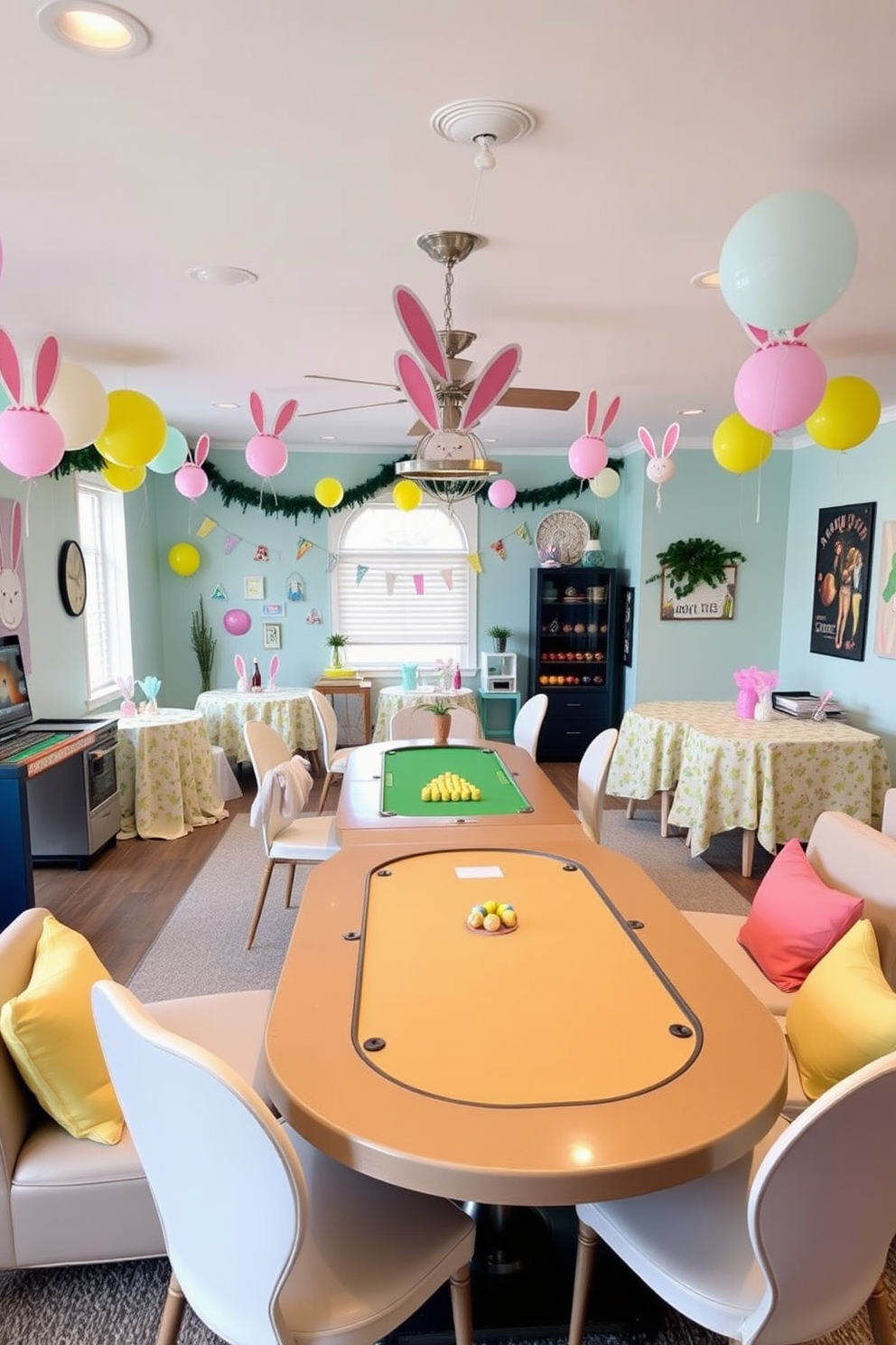 Create a whimsical game room setting designed for Easter celebrations. The room is adorned with playful bunny ear headbands for guests, adding a fun and festive touch to the space. Brightly colored decorations are scattered throughout, including pastel balloons and themed tablecloths. A large, inviting gaming table is set up in the center, surrounded by comfortable seating for friends and family to enjoy.