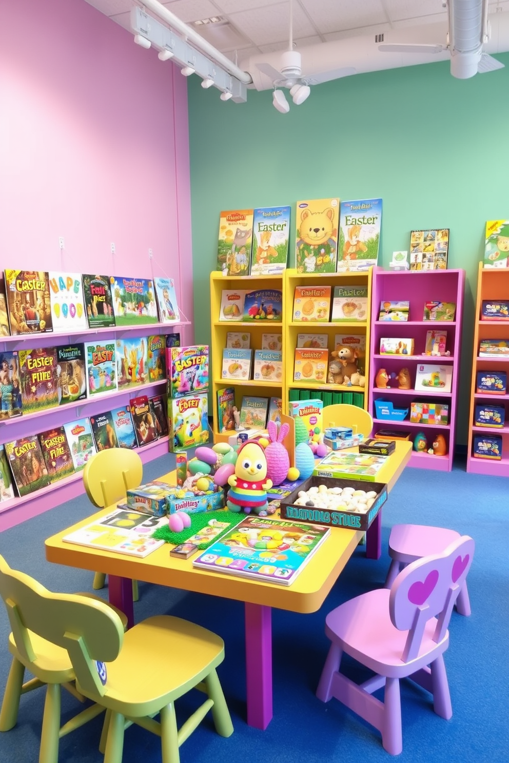 A vibrant game room filled with Easter themed puzzles displayed on colorful shelves. The walls are adorned with cheerful pastel colors, and a large table in the center showcases an array of Easter decorations and games.