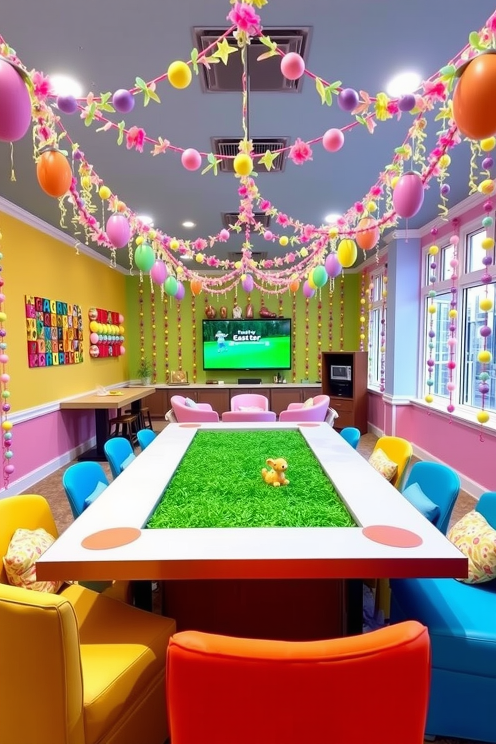 A vibrant game room filled with colorful Easter egg garland decorations. The walls are adorned with cheerful pastel colors, and a large table is set up for festive games surrounded by comfortable seating.