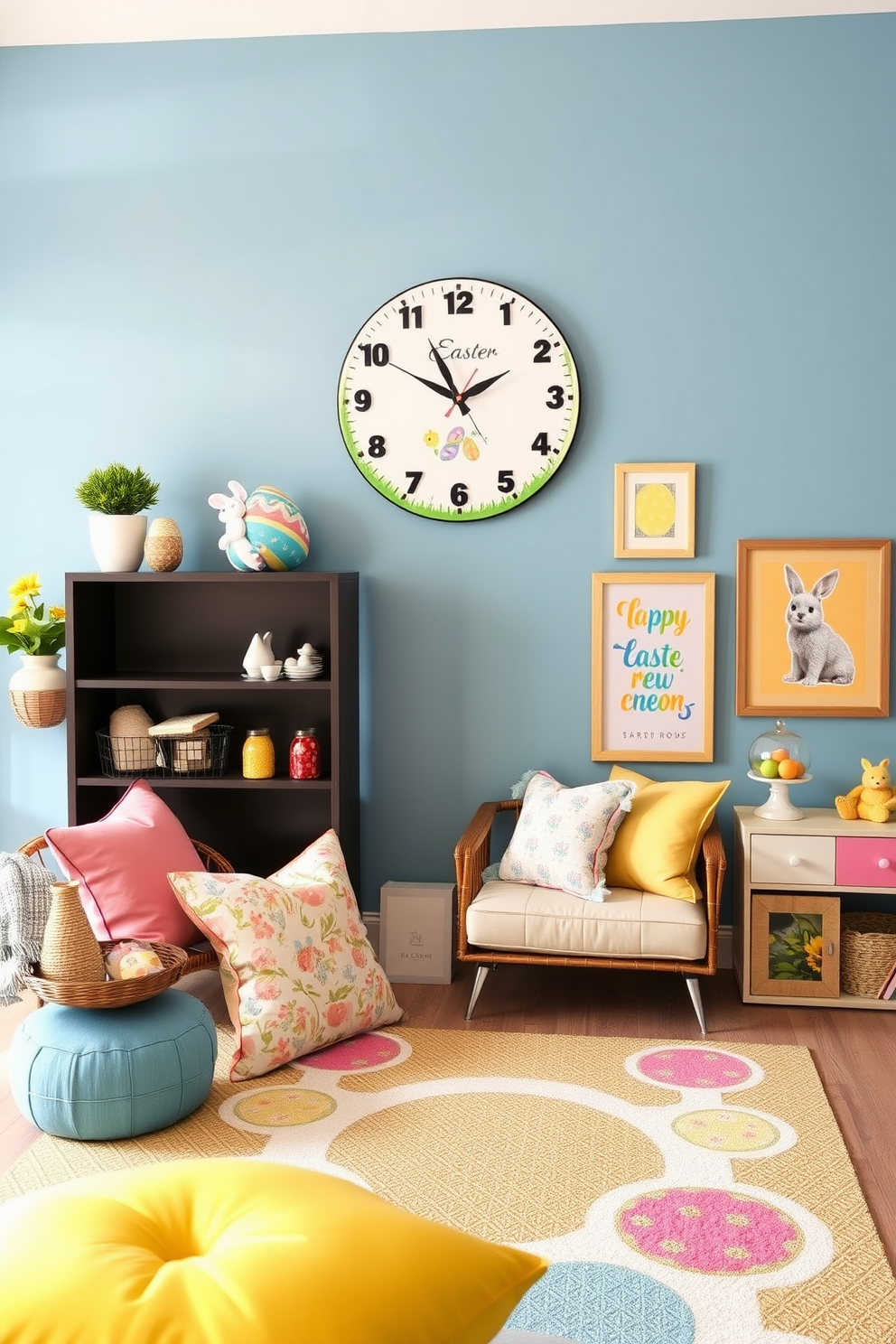 A colorful wall clock adorned with vibrant Easter motifs hangs prominently on the wall. The clock features playful designs of bunnies and eggs, adding a festive touch to the game room. Incorporate cheerful decorations like pastel-colored cushions and themed artwork to enhance the Easter spirit. A cozy seating area with a fun rug completes the inviting atmosphere for family and friends to enjoy.