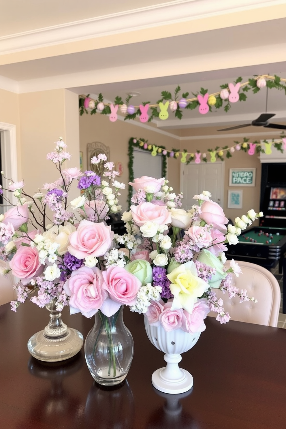 Floral arrangements in pastel colors create a soft and inviting atmosphere. Delicate blooms in shades of pink, lavender, and mint are artfully arranged in elegant vases throughout the space. The game room is transformed into a festive haven with Easter-themed decorations. Colorful eggs, playful bunnies, and whimsical garlands add a cheerful touch to the entertainment area.