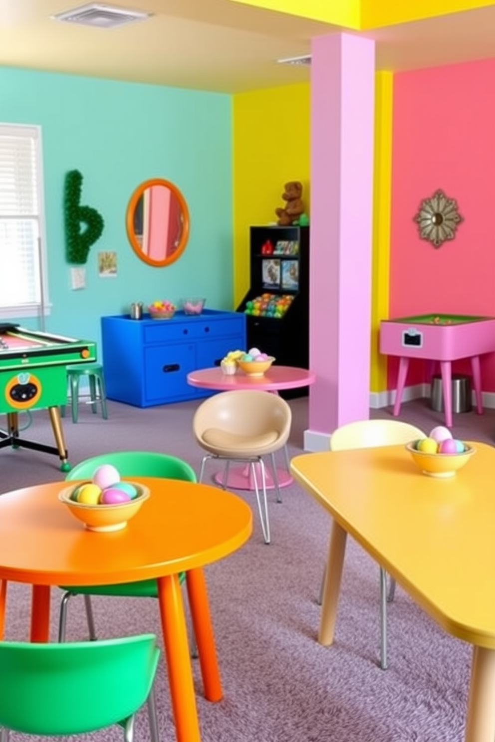 A vibrant game room adorned with colorful Easter egg bowls placed strategically on various tables. The walls are painted in a cheerful pastel hue, and the space is filled with playful decor that captures the spirit of the holiday.