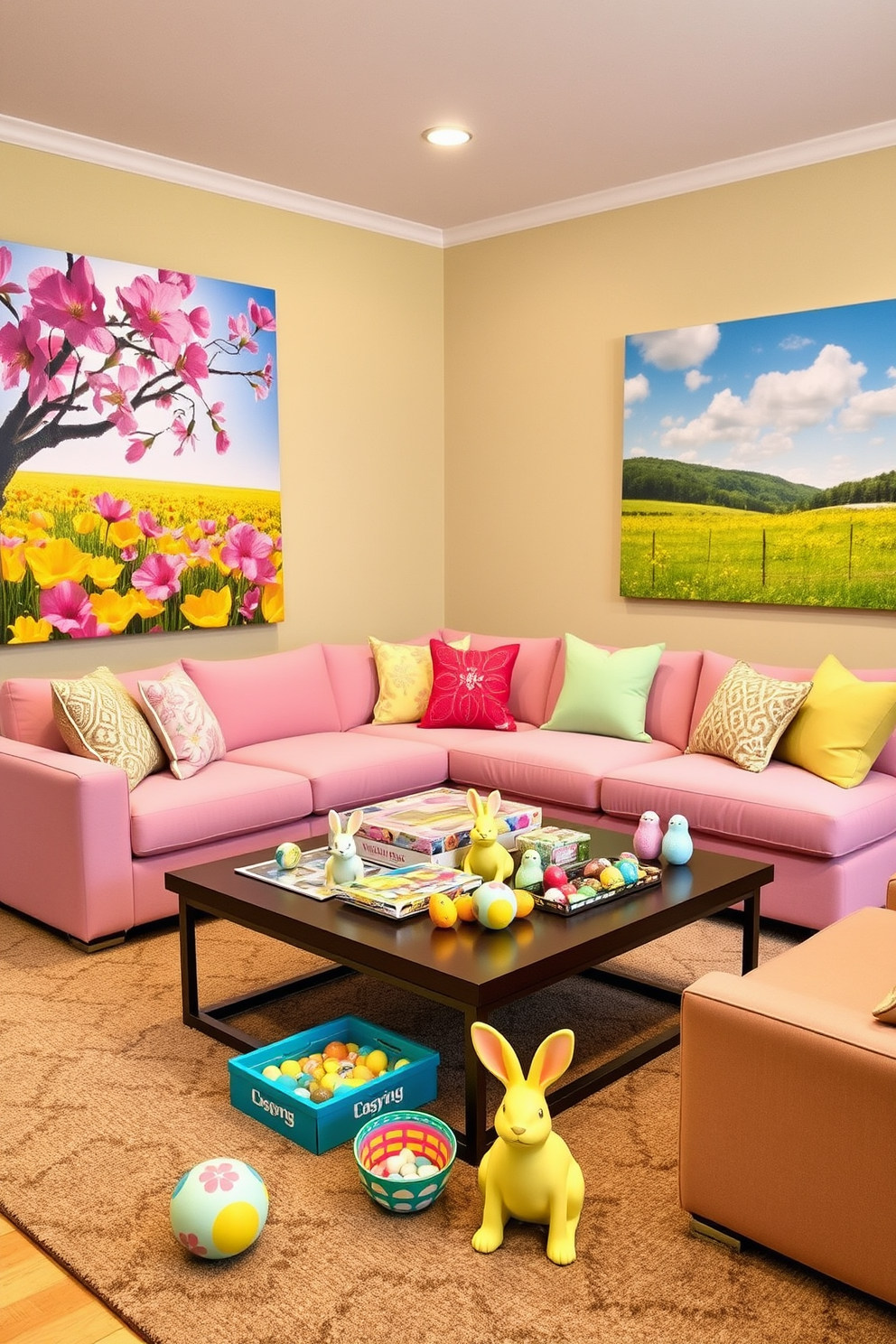 A vibrant game room adorned with themed artwork showcasing spring landscapes. The walls are decorated with large canvas prints of blooming flowers and sunny meadows, creating an inviting atmosphere for relaxation and fun. The room features a comfortable sectional sofa in pastel colors, complemented by playful throw pillows. A stylish coffee table sits at the center, surrounded by a variety of board games and colorful Easter decorations, including painted eggs and cheerful bunny figurines.