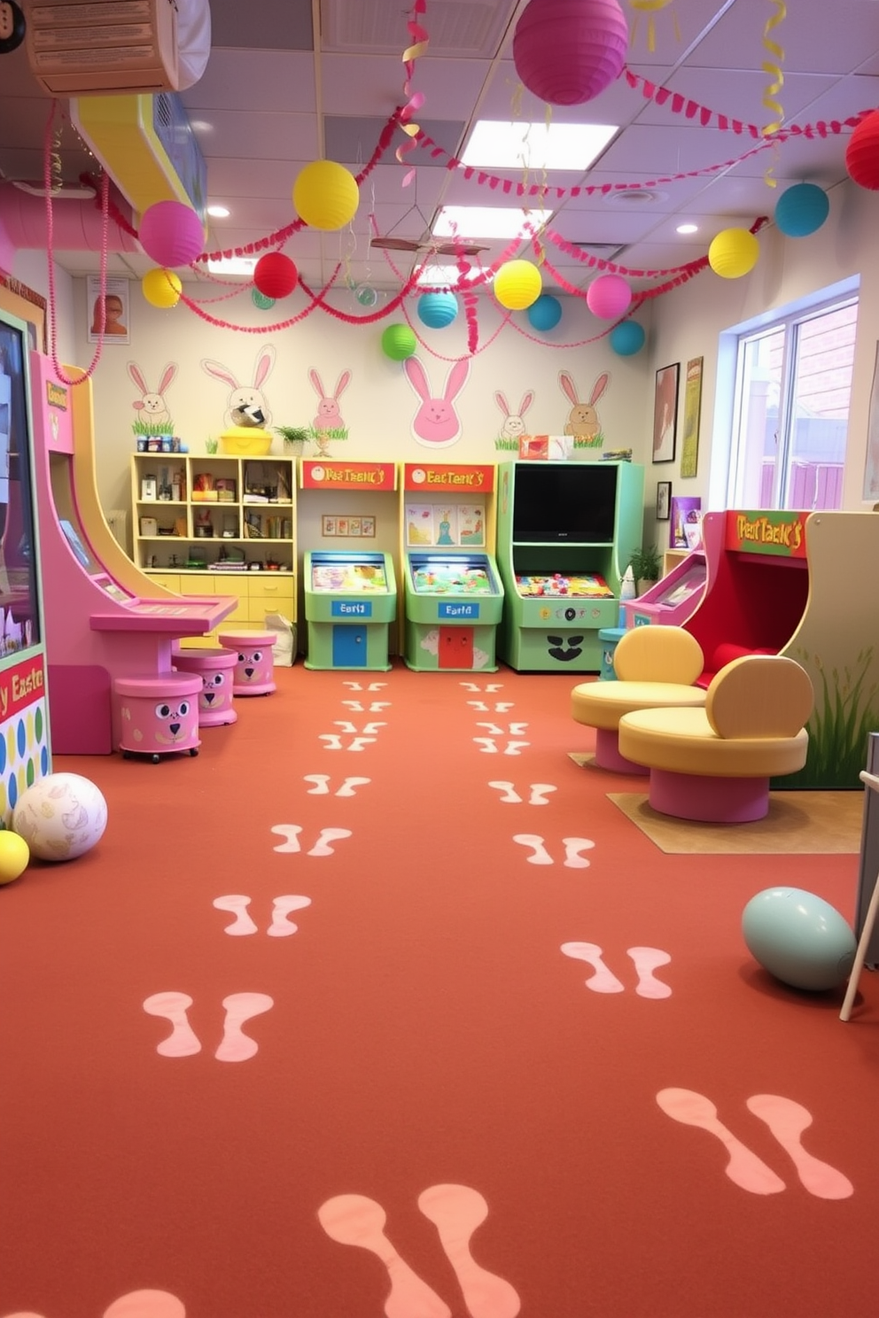 Bunny footprints trail across a vibrant game room filled with colorful decorations and playful elements. The walls are adorned with cheerful Easter-themed artwork, and a cozy seating area invites friends and family to gather and enjoy games together.