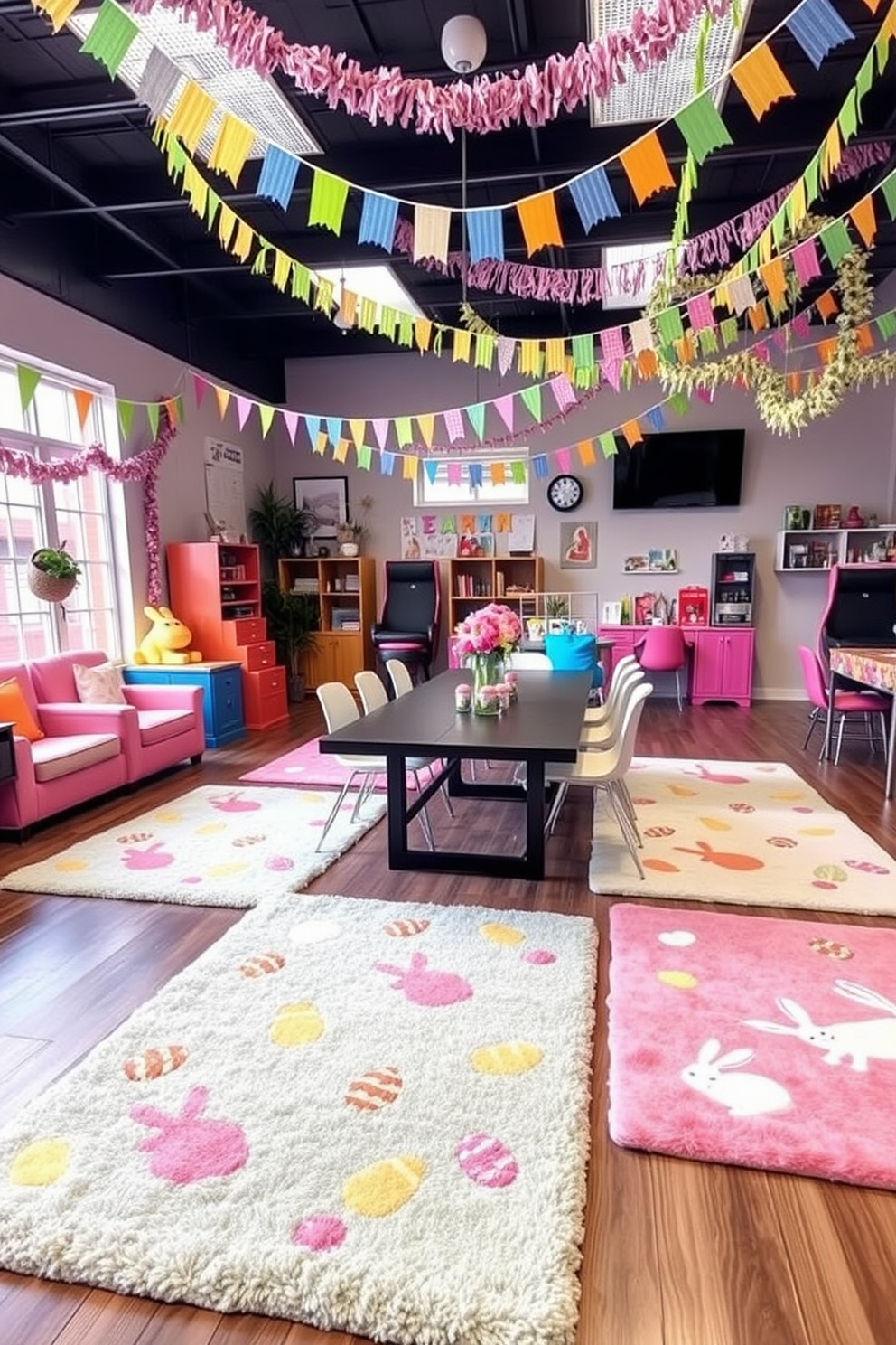 Easter themed rugs with pastel colors and whimsical designs featuring bunnies and eggs scattered across a soft plush surface. The rugs are placed in a cozy game room setting with vibrant furniture and playful decor to enhance the festive atmosphere. Game room decorated for Easter with colorful banners and garlands hanging from the ceiling. A large table is adorned with Easter-themed centerpieces and surrounded by comfortable seating for family and friends to enjoy.