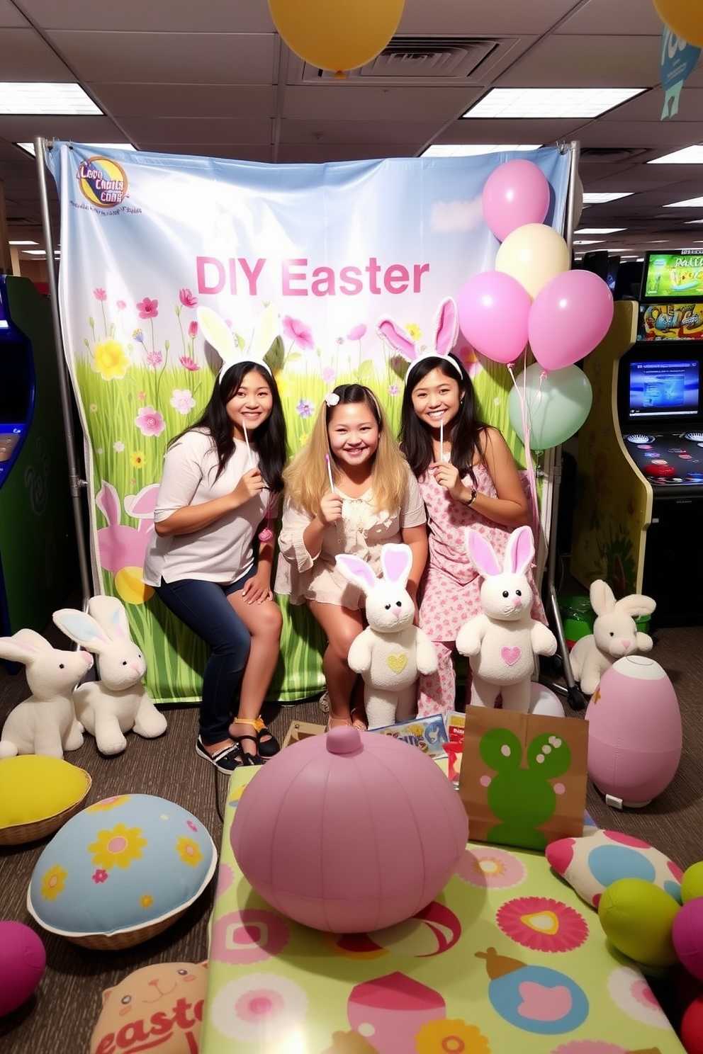 A vibrant DIY photo booth is set up with colorful Easter props including bunny ears, pastel balloons, and decorative eggs. The backdrop features a cheerful spring scene with flowers and a bright blue sky, inviting guests to capture fun memories. In the game room, playful Easter decorations create a festive atmosphere. Plush bunnies and egg-shaped cushions are scattered around, while a table is adorned with a colorful Easter-themed tablecloth and snacks for everyone to enjoy.