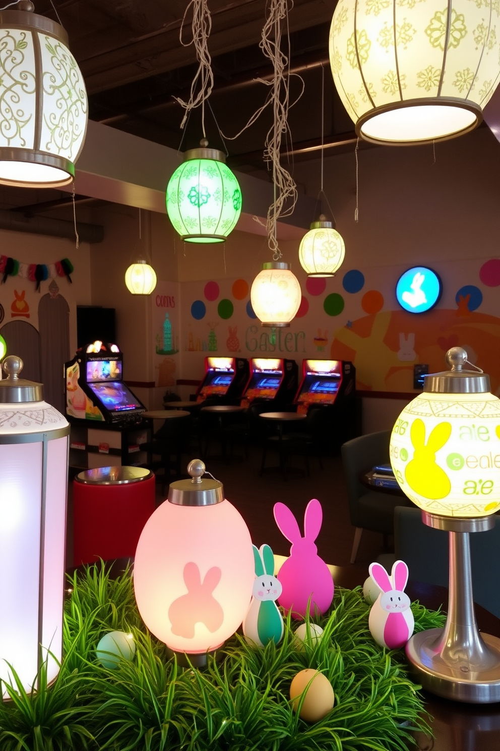 Easter themed lanterns are placed strategically around the game room to create a warm and inviting atmosphere. The lanterns feature pastel colors and intricate designs, casting soft shadows that enhance the festive decor. Brightly colored Easter decorations adorn the game room, including playful bunnies and egg motifs. The space is designed for fun, with comfortable seating and games that encourage family gatherings during the holiday.