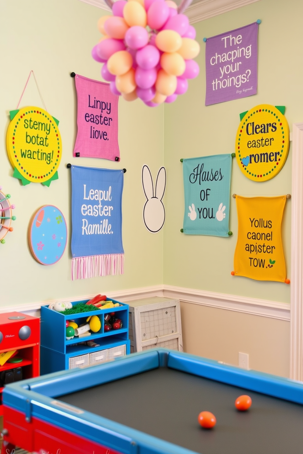 Colorful wall hangings adorned with cheerful Easter quotes create a vibrant atmosphere in the game room. The walls are painted in a soft pastel hue, enhancing the playful and festive decor throughout the space.