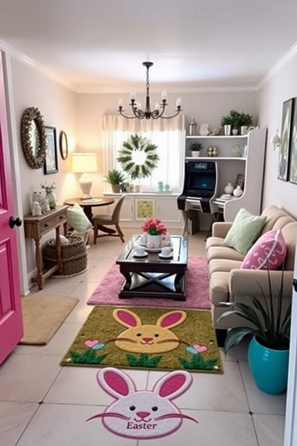 A charming entryway featuring an Easter bunny door mat that adds a festive touch. The mat is adorned with vibrant colors and playful designs, welcoming guests with a cheerful vibe. A cozy game room decorated for Easter with pastel-colored accents and themed decor. Plush seating and a coffee table are surrounded by Easter-themed cushions and playful decorations, creating a fun and inviting atmosphere.