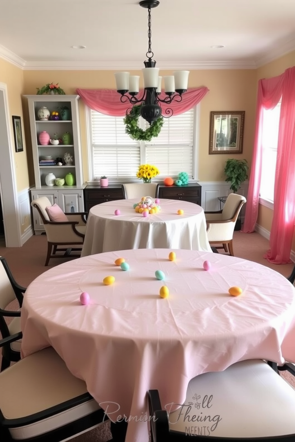 A game room decorated for Easter features a pastel colored tablecloth draped over a large game table. The table is surrounded by comfortable chairs, and colorful Easter eggs are scattered across the table for a festive touch.