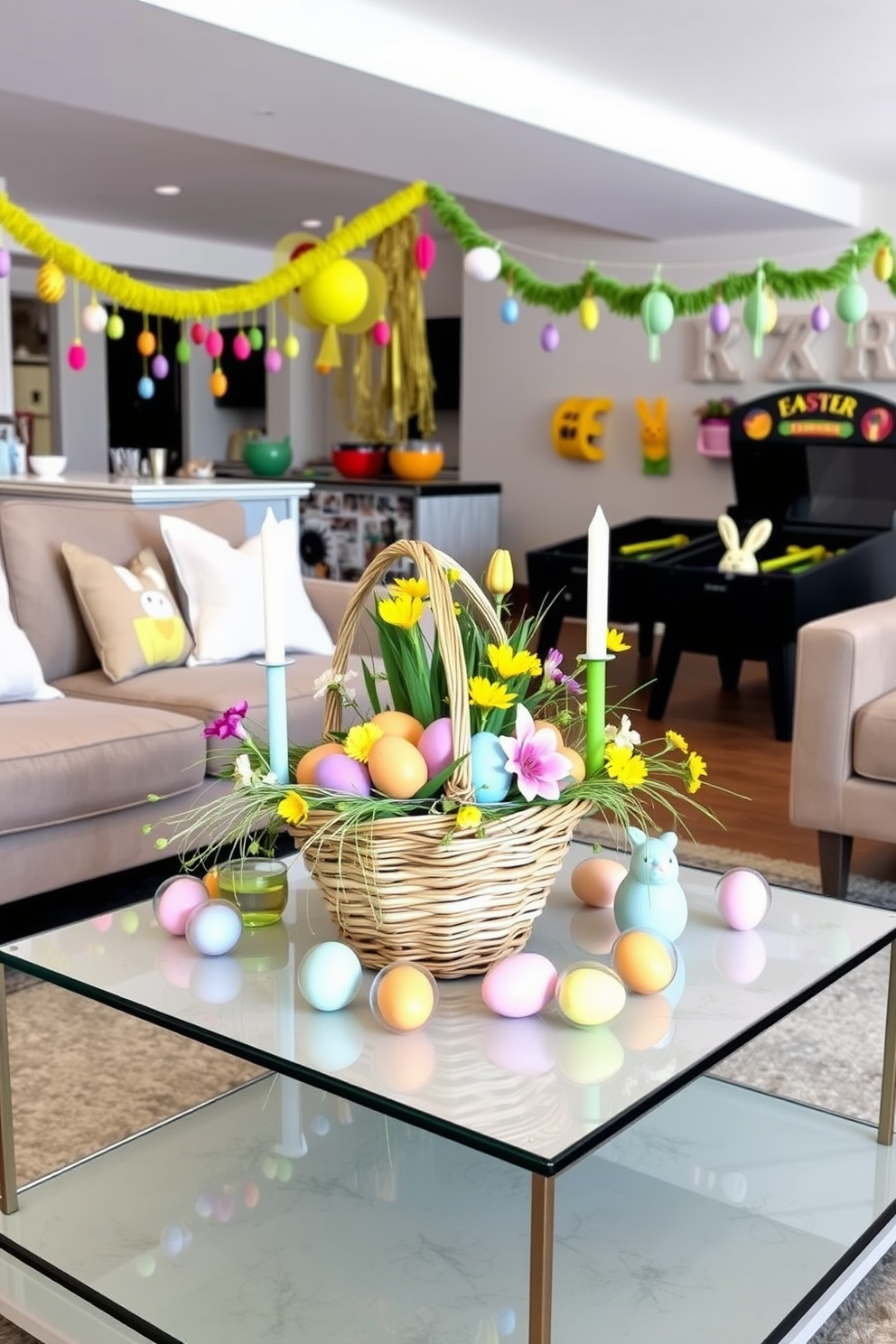 A vibrant Easter basket centerpiece is placed on a stylish coffee table, filled with colorful eggs and fresh spring flowers. Surrounding the basket are playful decorations such as bunnies and pastel-colored candles, creating a festive atmosphere. The game room features a cheerful Easter theme with decorations that include hanging garlands of eggs and playful bunny figures. Cozy seating arrangements are adorned with themed cushions, making the space inviting for family gatherings and celebrations.