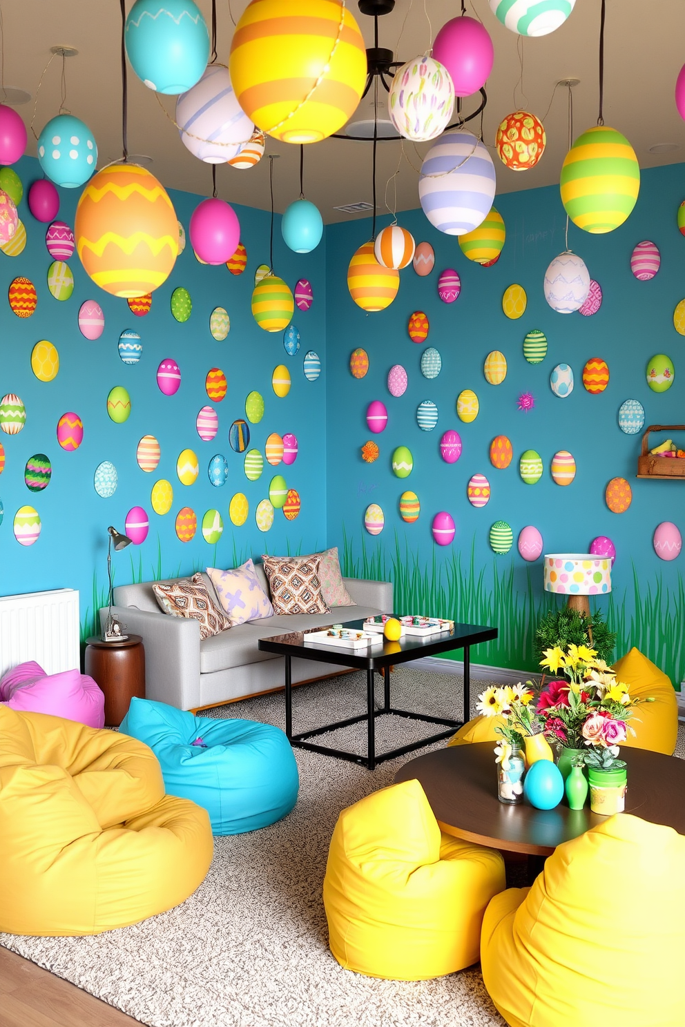 A vibrant game room filled with energy and creativity. The walls are adorned with colorful DIY painted Easter egg decorations, showcasing various patterns and designs that add a festive touch. In one corner, a cozy seating area features a plush sofa and bean bags, inviting friends and family to gather. A large table is set up for games, surrounded by cheerful Easter-themed decor that enhances the playful atmosphere.