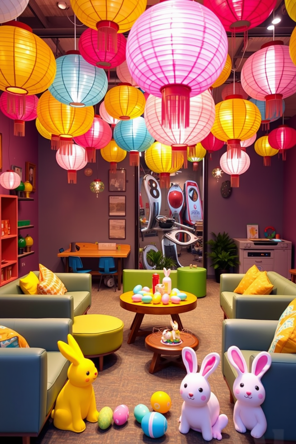 A vibrant game room filled with energy and creativity. The walls are adorned with cheerful spring-colored hanging paper lanterns, casting a warm glow over the space. Cozy seating areas are arranged for both relaxation and play. Festive Easter decorations, such as pastel-colored eggs and playful bunnies, enhance the playful atmosphere.