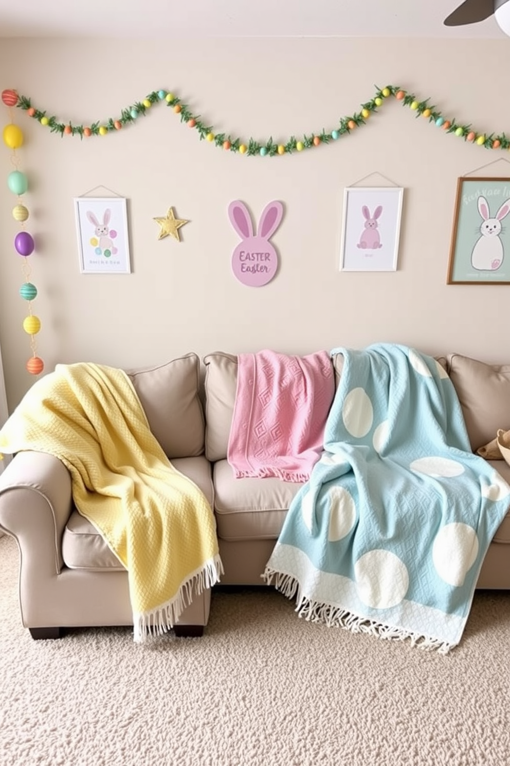 Easter themed throw blankets in pastel colors are draped over a plush sectional sofa in a cozy game room. The walls are adorned with playful Easter decorations, including colorful egg garlands and cheerful bunny art, creating a festive atmosphere.