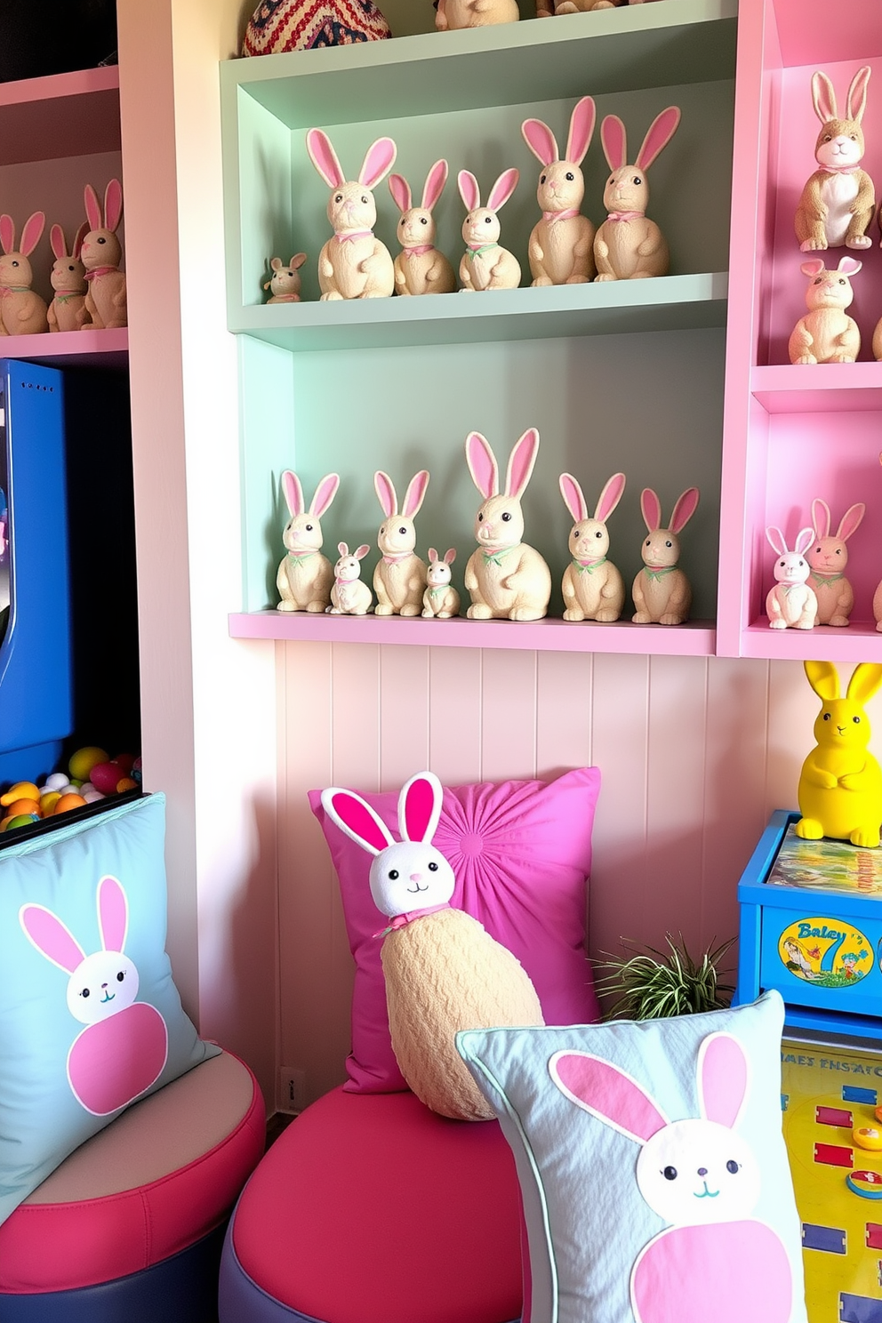 Decorative bunny figurines are artfully arranged on various shelves, showcasing different sizes and styles. The shelves are painted in pastel colors, creating a cheerful and festive atmosphere for the game room. Colorful Easter-themed decorations are placed throughout the space, enhancing the playful vibe. Plush cushions with bunny motifs and vibrant table games add to the lively decor, inviting guests to enjoy the festive spirit.