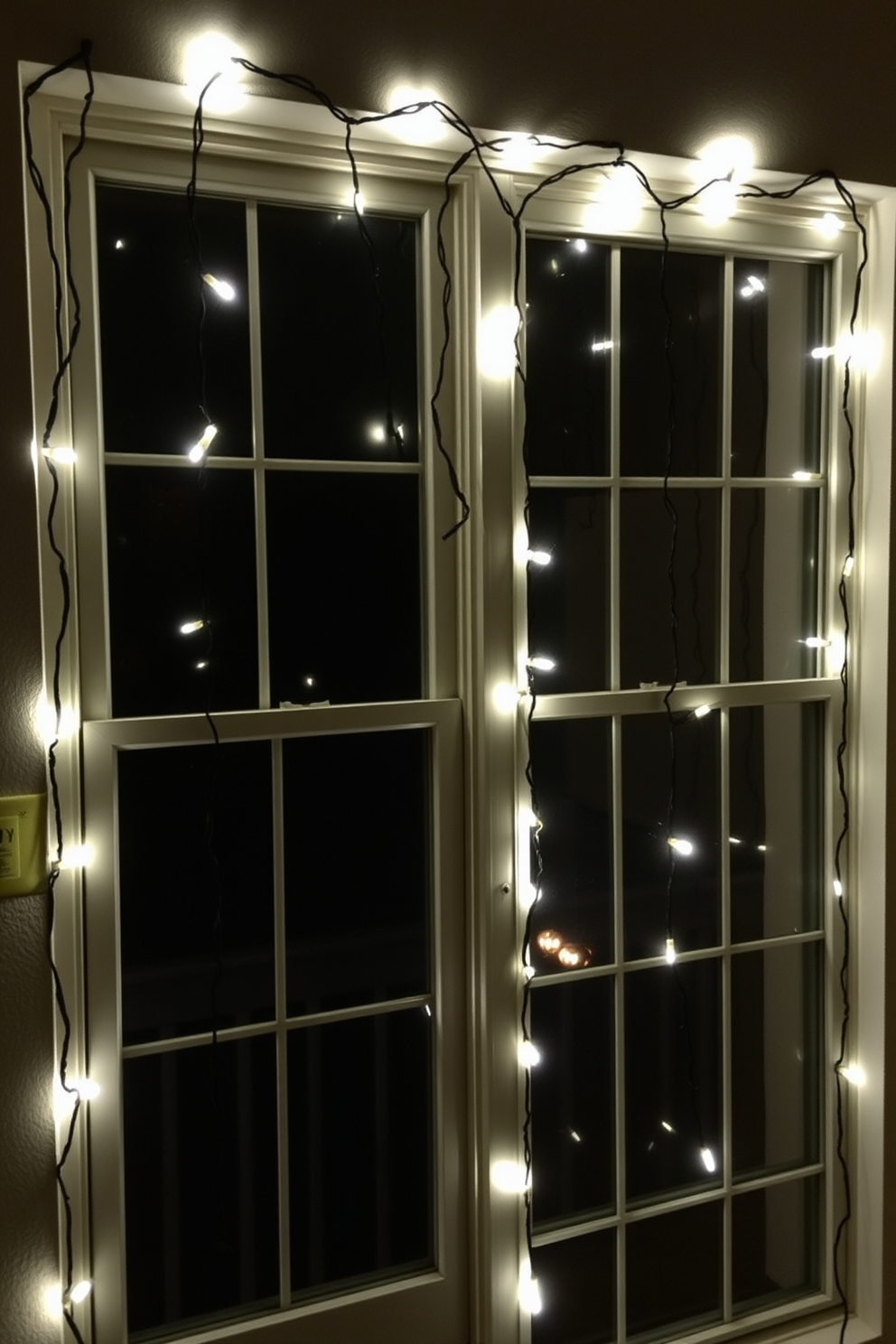 Spooky string lights are draped across the windows, casting an eerie glow throughout the apartment. The lights flicker gently, creating a haunting atmosphere that enhances the Halloween spirit.