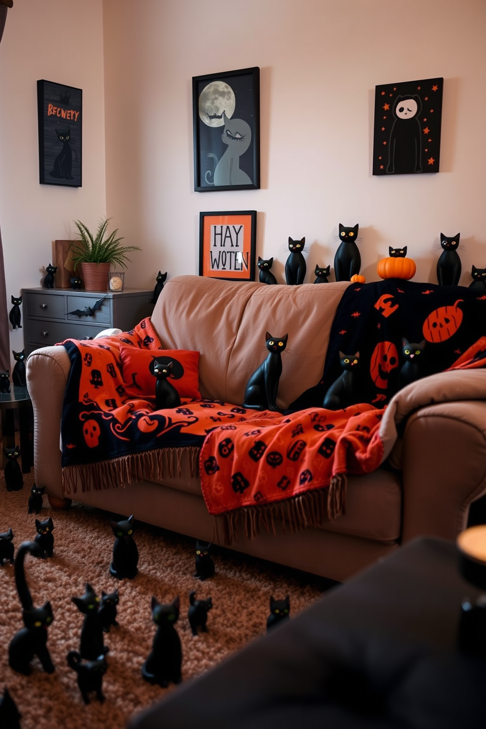 A cozy apartment setting adorned with playful black cat figurines scattered throughout the space. The living room features a plush sofa draped with Halloween-themed throw blankets, while the walls are decorated with whimsical art showcasing spooky motifs.