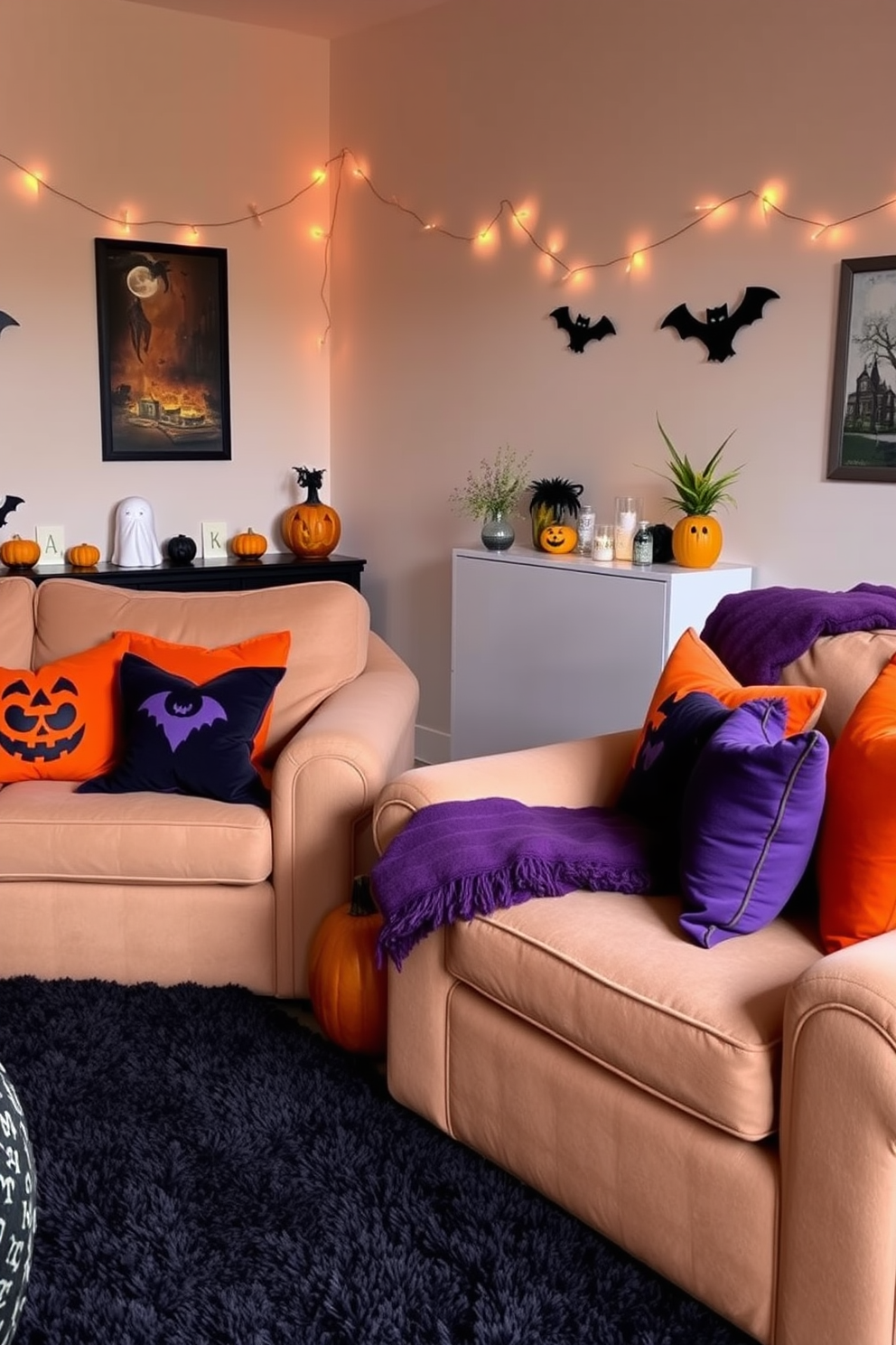 A cozy living room featuring sofas adorned with Halloween-themed throw pillows in vibrant orange and deep purple hues. The space is decorated with spooky accents like small pumpkins and ghost figurines, creating a festive atmosphere. The walls are adorned with whimsical Halloween artwork and string lights in the shape of bats. A warm, inviting ambiance is enhanced by a plush, dark rug that ties the room together, perfect for the season.