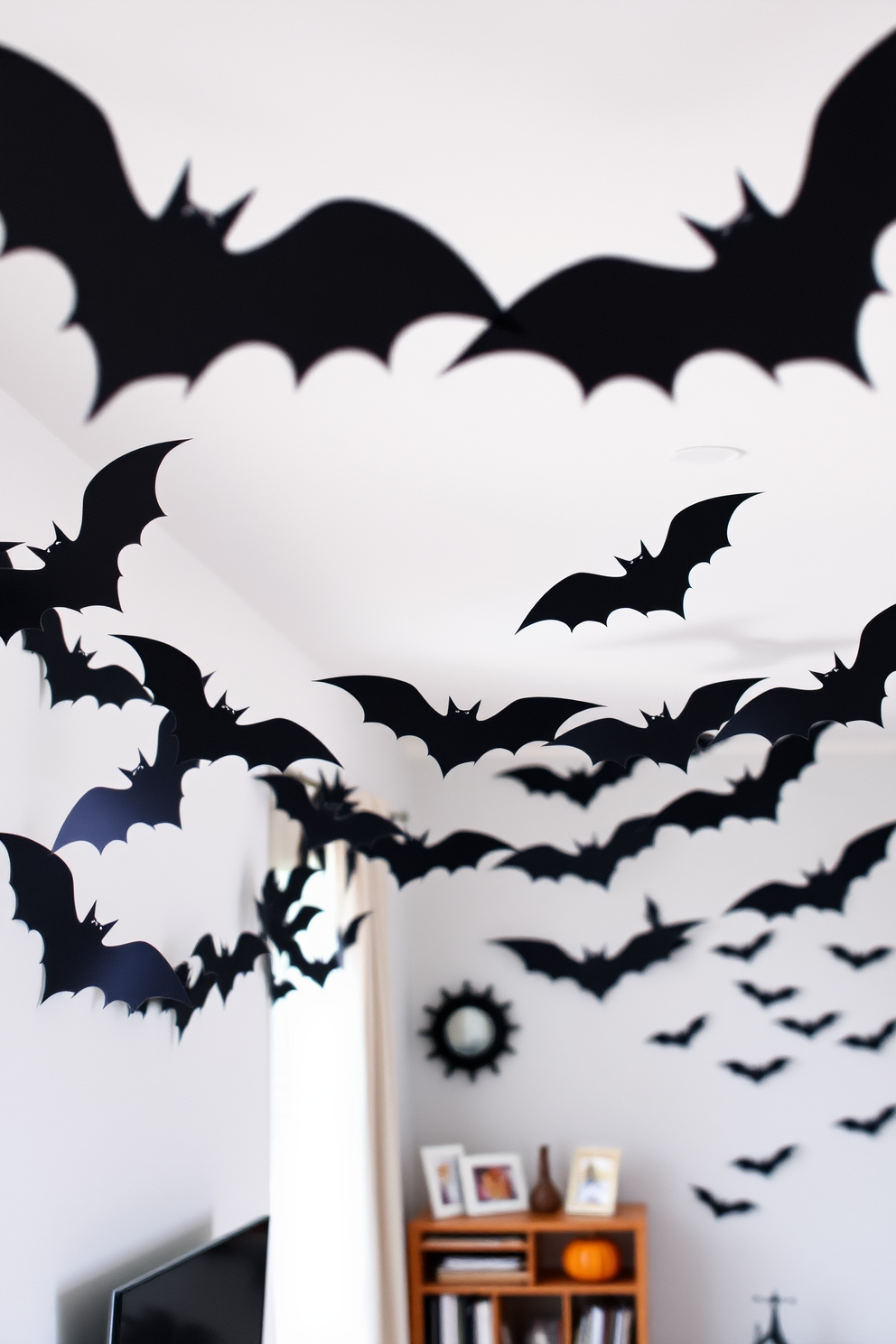 Create a whimsical Halloween apartment setting featuring spooky garlands made of paper bats. The garlands are draped across the walls and ceiling, creating an eerie atmosphere filled with playful shadows and a touch of festive charm.