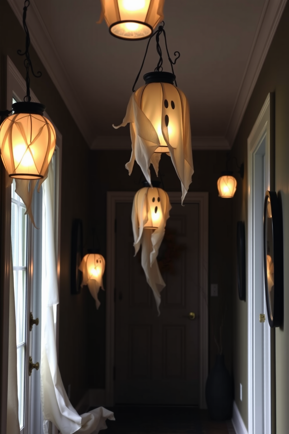 A cozy entryway adorned with ghostly lanterns casting an eerie glow. The lanterns are suspended from the ceiling, creating a whimsical atmosphere perfect for Halloween.