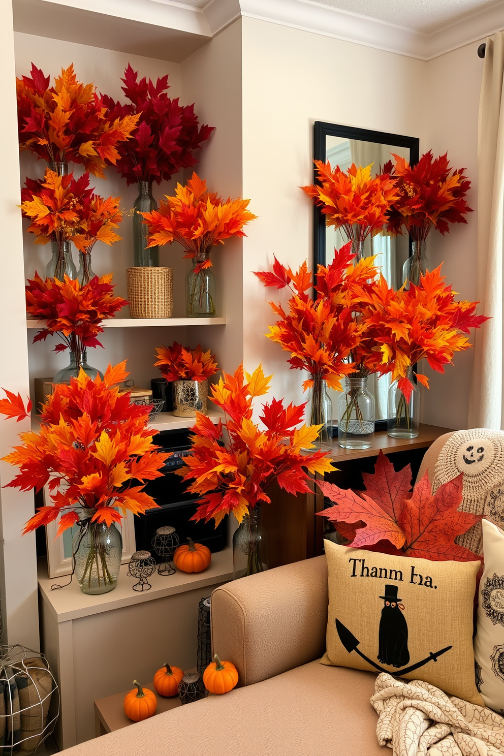 Colorful autumn leaves in various vases are arranged throughout the apartment, creating a warm and inviting atmosphere. The vases are placed on shelves and tabletops, showcasing a mix of vibrant reds, oranges, and yellows that celebrate the season. Halloween decorations add a playful touch to the space, with subtle accents like miniature pumpkins and cobwebs. Soft lighting enhances the cozy vibe, while themed throw pillows and blankets provide comfort and style.