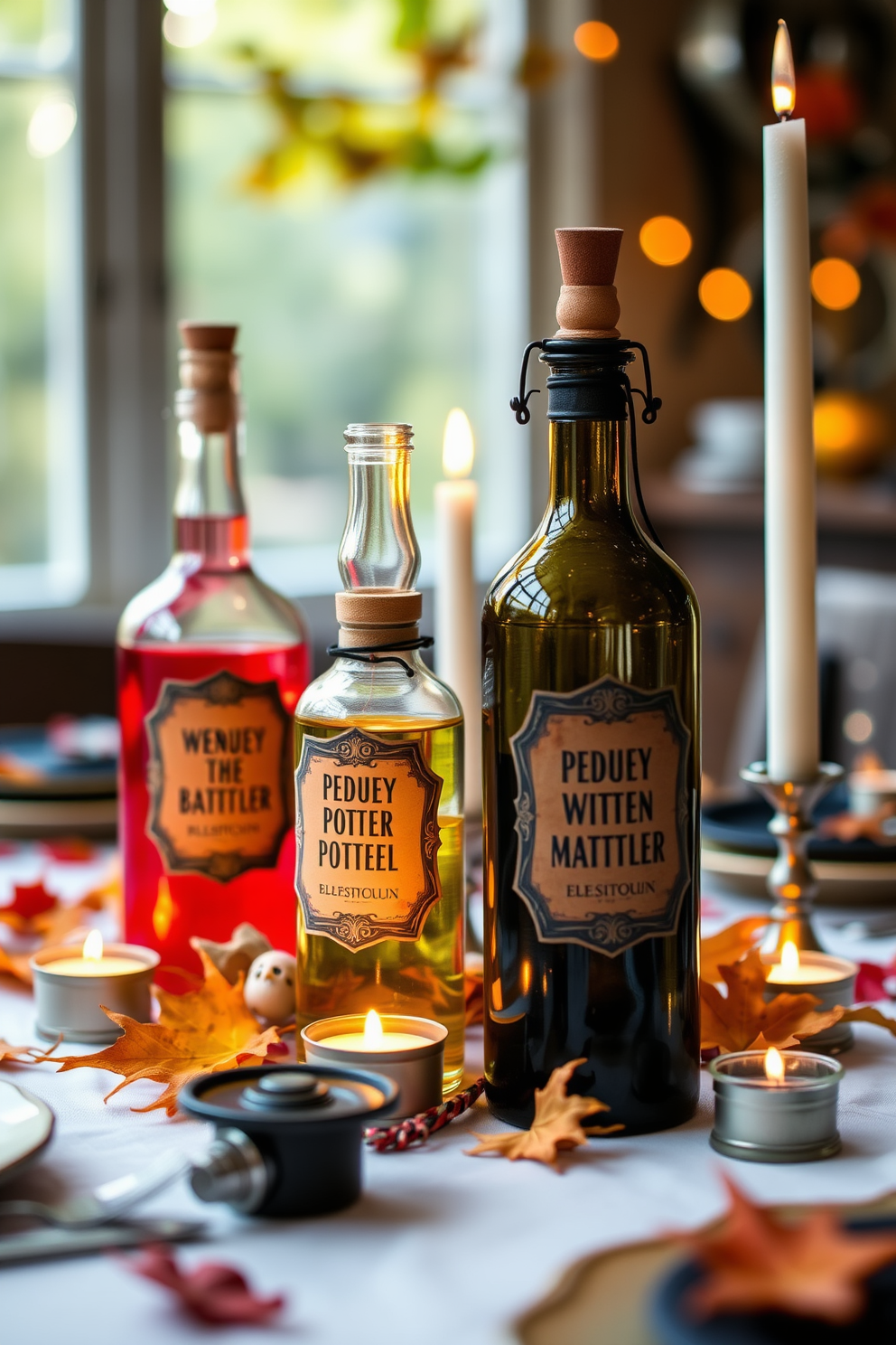 Create a whimsical Halloween table setting featuring DIY potion bottles as centerpieces. The potion bottles should be filled with colorful liquids and adorned with spooky labels, surrounded by flickering candlelight and autumn leaves.