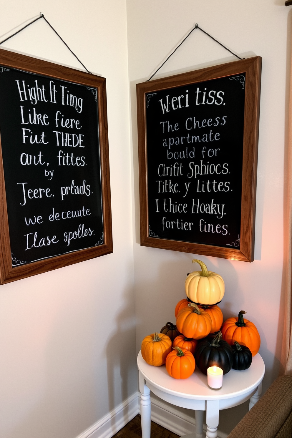 Chalkboard signs adorned with eerie quotes hang on the walls, creating a haunting atmosphere in the apartment. The signs are framed with rustic wood, enhancing the Halloween theme and inviting guests to embrace the spooky spirit. In the corner, a small table is decorated with a collection of pumpkins, each painted in various shades of black and orange. The table is illuminated by flickering candlelight, casting playful shadows that dance across the room.