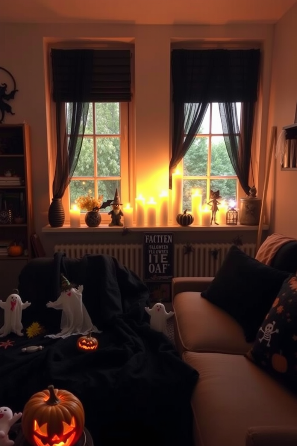 A cozy apartment setting adorned for Halloween. Flickering electric candles are placed in the windows, casting a warm glow that enhances the festive atmosphere. Spooky decorations are scattered throughout the space, including playful ghosts and autumn-themed accents. Soft, dark textiles drape over furniture, creating an inviting yet haunting ambiance.