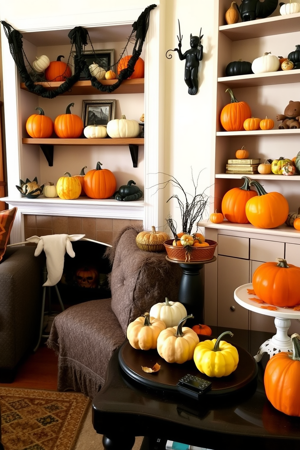 A cozy apartment decorated for Halloween featuring miniature pumpkins placed on shelves and tables. The pumpkins come in various sizes, colors, and textures, creating a festive and inviting atmosphere.