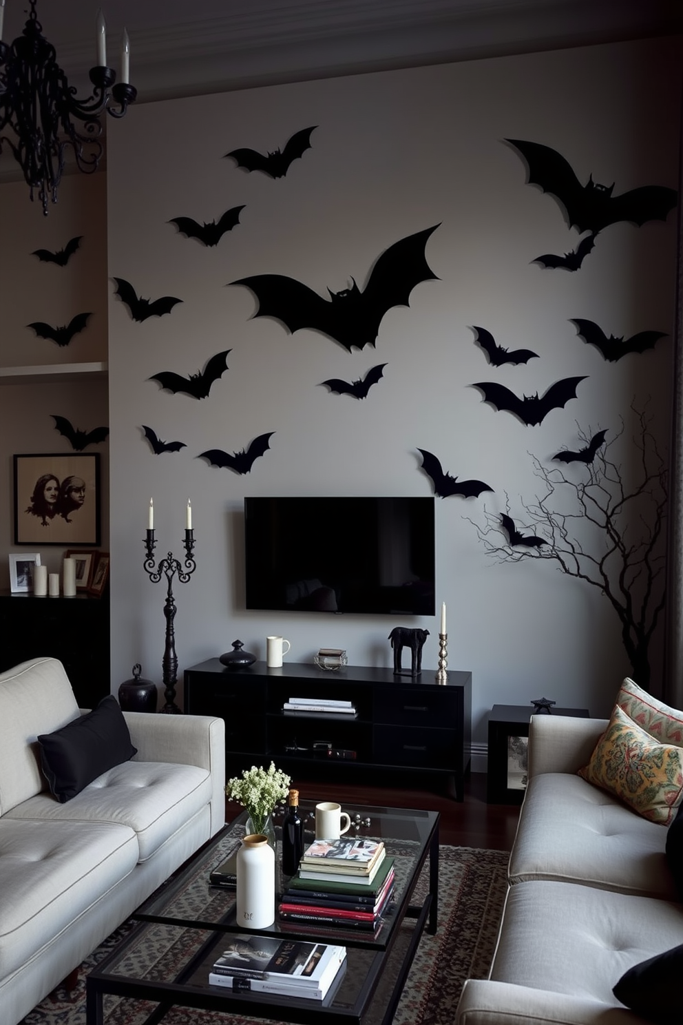 A stylish apartment decorated for Halloween features bat silhouettes artfully arranged on the walls, creating a dramatic atmosphere. The dim lighting enhances the spooky effect, while tasteful decorations maintain an elegant vibe throughout the space.